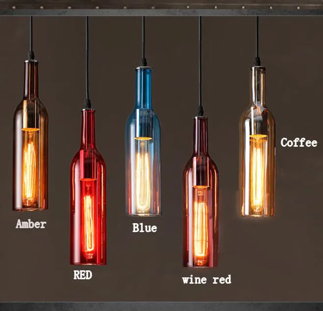 Lambalar Asılı 2020 Vintage LED avize Lamba E27 Kırmızı Şarap Şişesi Cam Kolye Işık Restoran Cafe Bar Otel Şarap Şişesi