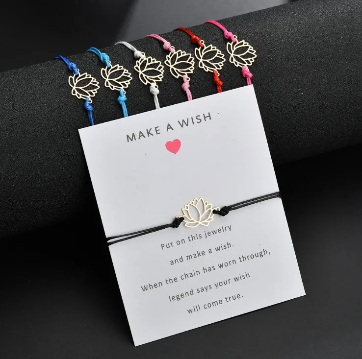 الأزياء جعل أمنية أساور لطيف لوتس زهرة سحر مع بطاقة أحمر أزرق أسود أبيض سلسلة حبل الإسورة diy اليدوية المجوهرات هدية