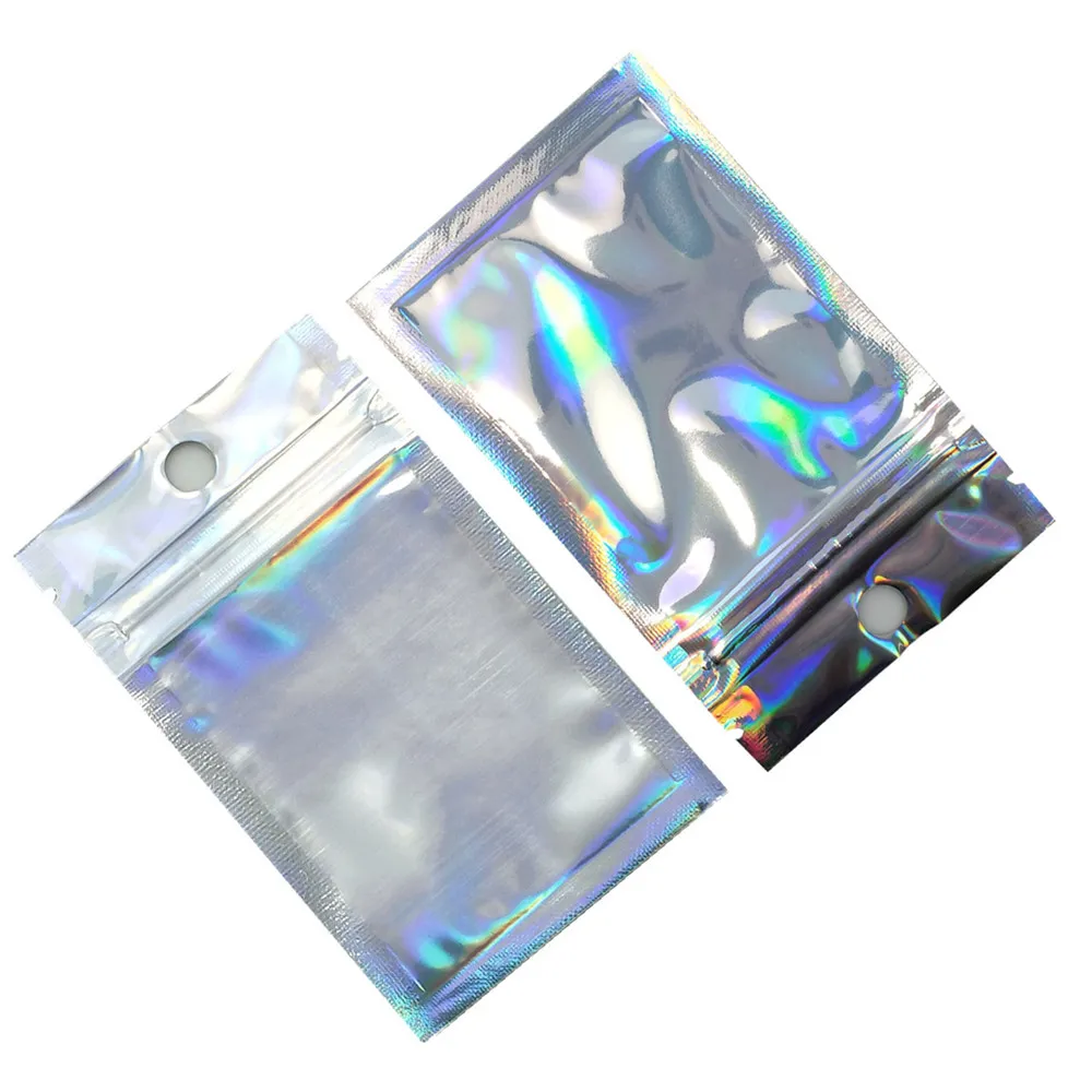 100Pcs/lot Clear Holographic Aluminum Foil Ziplock Package Bag Snack Seal Seal Plastic Mylar Pouch for Party Gifts Craft Packing