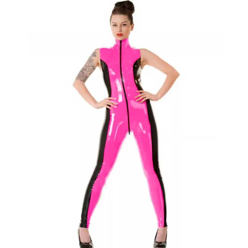 11 Colors Novelty Zipper To Crotch Sexy Jumpsuit Women Patchwork Color Skinny Bodysuit Wet Look Sleeveless Turtleneck Catsuit