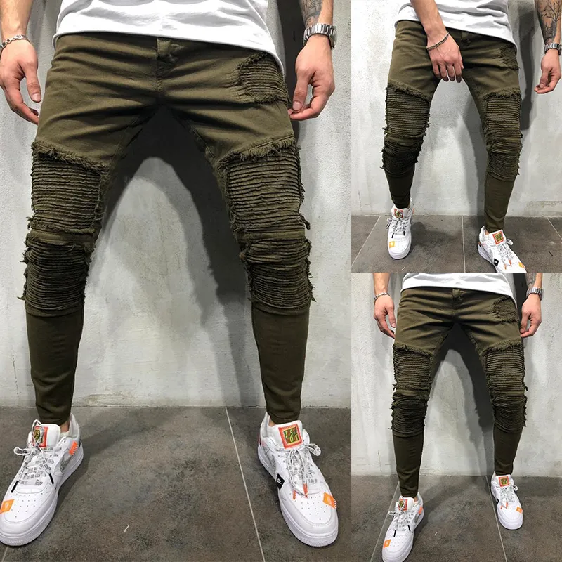 OLOME Armée Vert Plissé Skinny Jeans Hommes Stretch Moto Biker Jeans Crayon Pantalon Hommes Denim Joggers Streetwear Jeans pour Hommes CJ191210