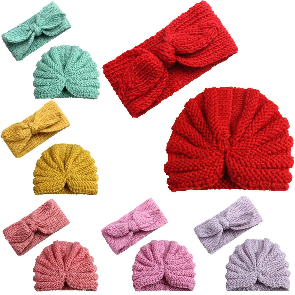 Nya söta 2st småbarn baby flickor turban knuten huvud wrap pannband+slips kepsar hattar avslappnade vinter varma tillbehör