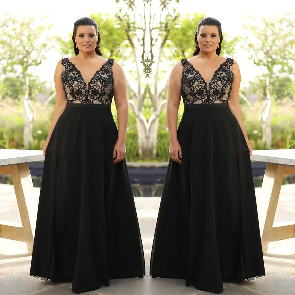 Hot Sale Lace Plus Size Prom Dresses Plunging Neck Side Split Evening Gowns Floor Length Chiffon Formal Dress SD3455