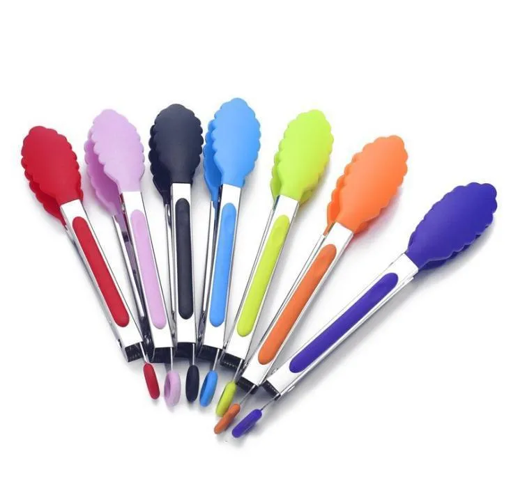 Wholesale 500pcs/lot 8 inches Silicone stainless steel Tongs BBQ Clip non-stick Salad Bread Cooking Food Serving Tongs