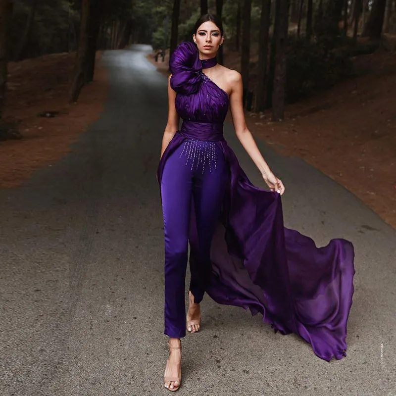 Modest Purple Jumpsuit Prom Dresses One Shoulder Ruched Ankle
