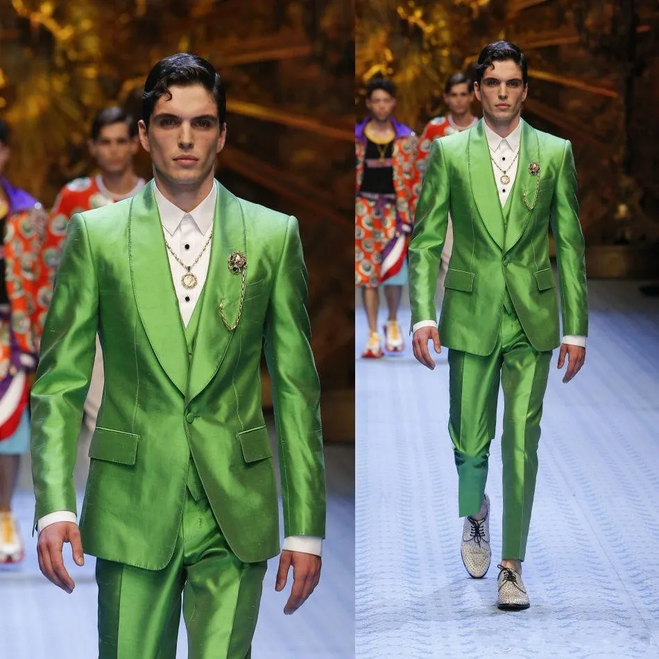 Mode Shiny Green Bräutigam Smoking Ausgezeichnete Männer Hochzeitskleid Männer Business Prom Party Dinner Holiday Suit (jacke + Pants + Tie + Vest)