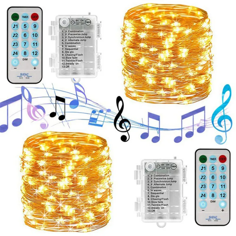 Guirlande lumineuse musicale LED, étanche, activé par le son, 5M 10M, fil de cuivre scintillant, pour fête, noël, mariage