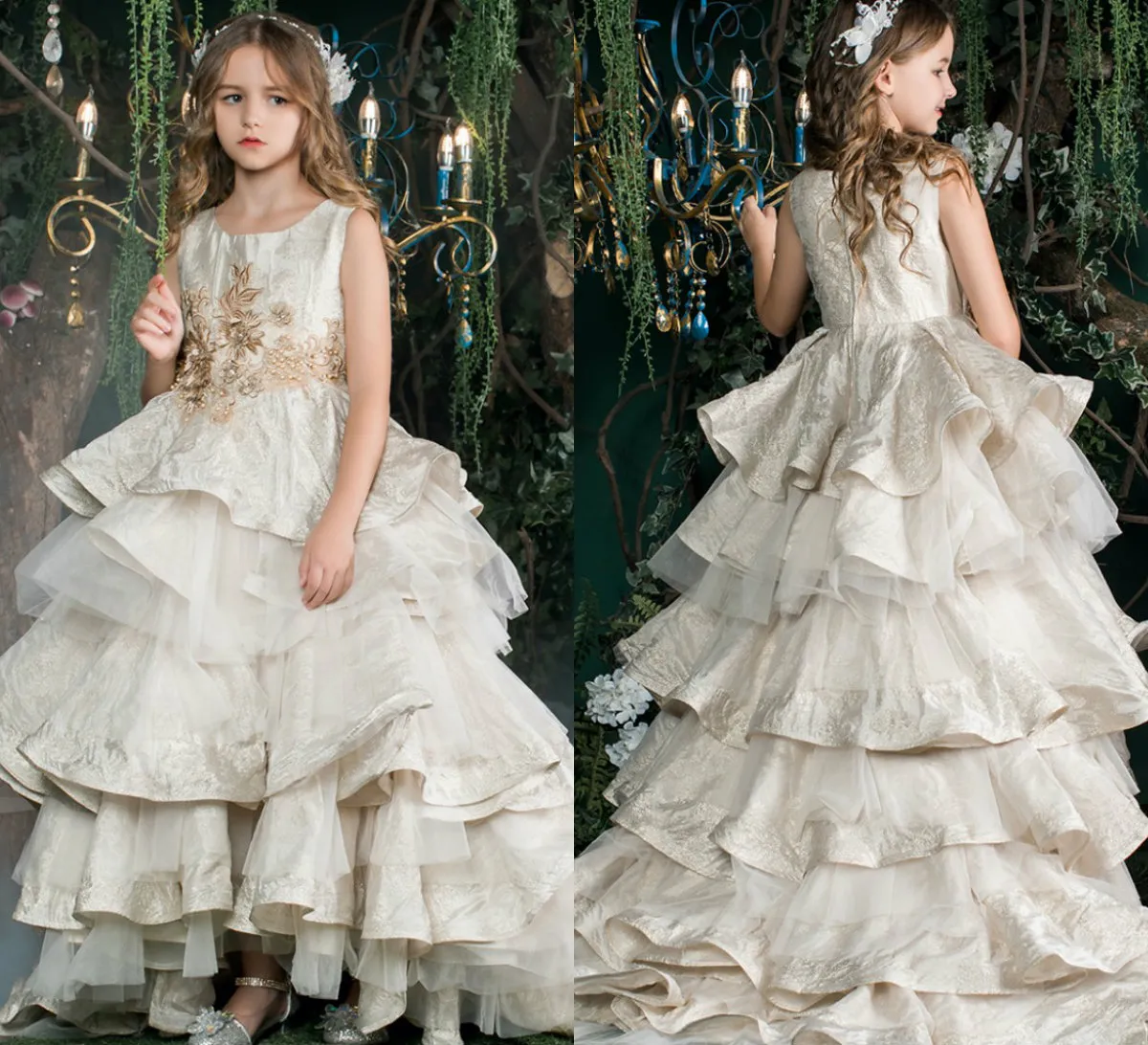 Girls Lace V-Neck Princess Dress | Tea-Length Pageant Party Dress | Sizes 4-16