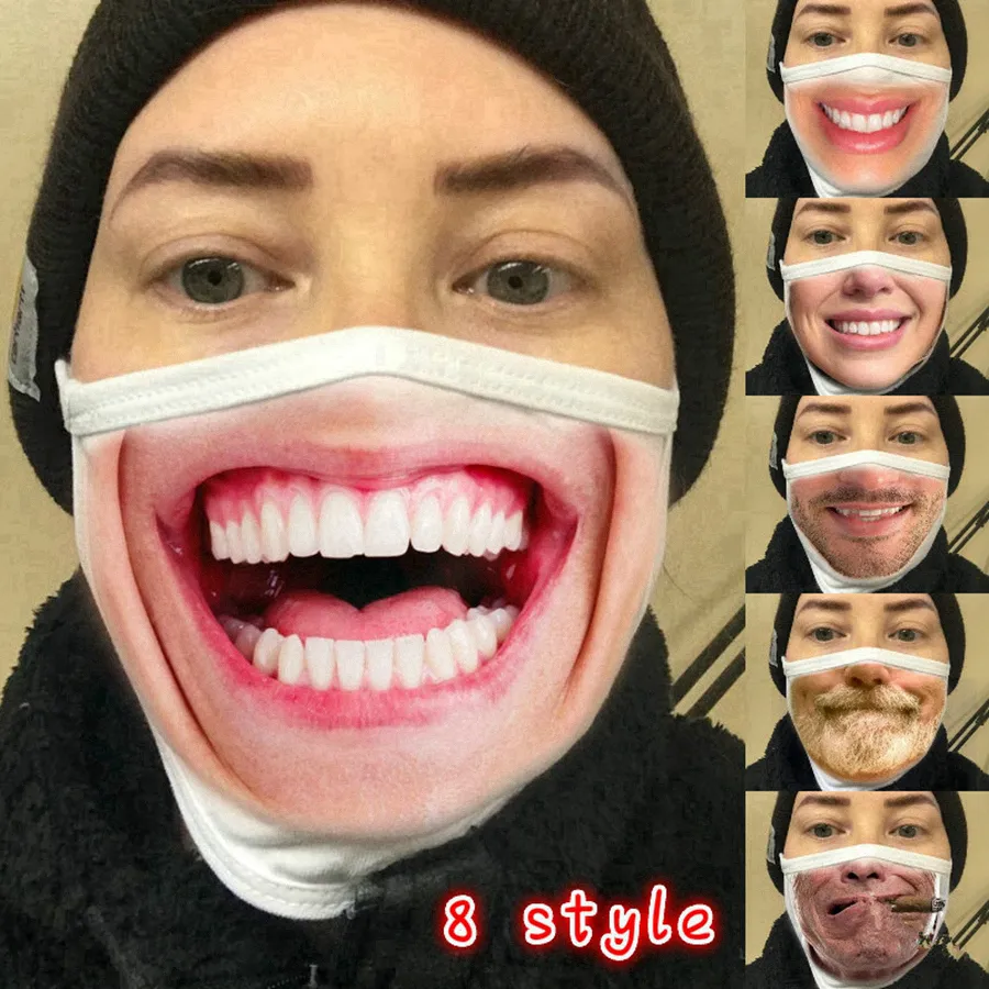 Wiederverwendbare Expression 3D-Druck-Karikatur-Gesichtsmasken Mundmaske Lustige Staubdichtes Maske UV-Beweis Waschbar Lauf Reiten Masken RRA3284