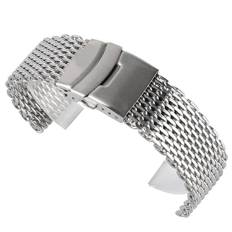 18/20 / 22mm Silver Rostfritt stålband Mesh Watch Band Vik över lås Säkerhetsbyte Armband Fjäderstänger Rakändar Tillbehör