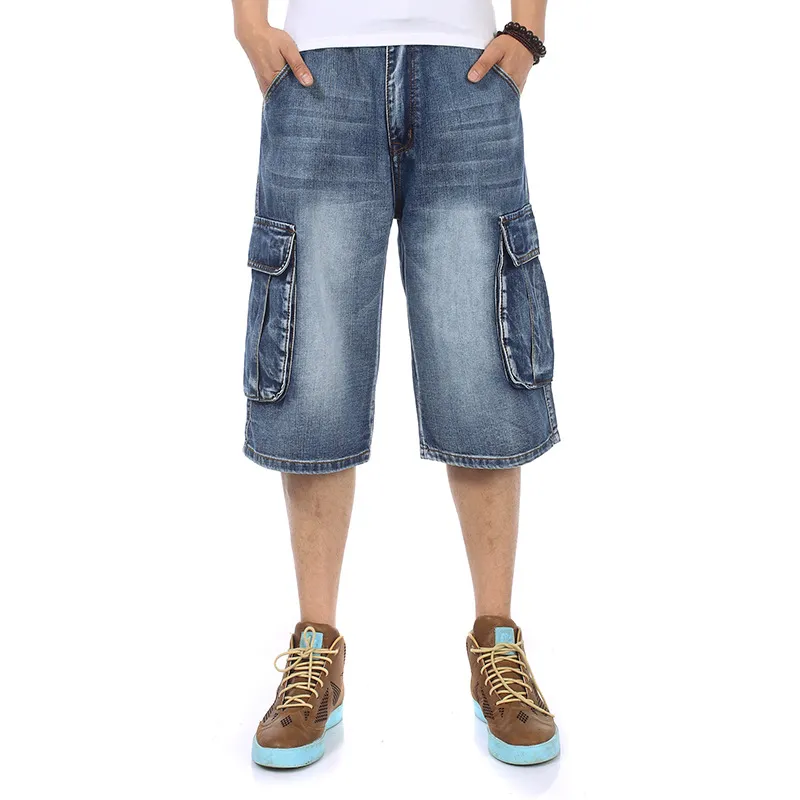 2018 NEW Brand Mens Big size Loose baggy Short jeans for men boy's Hip Hop Skateboard pants for Rappers Rap trousers blue hiphop
