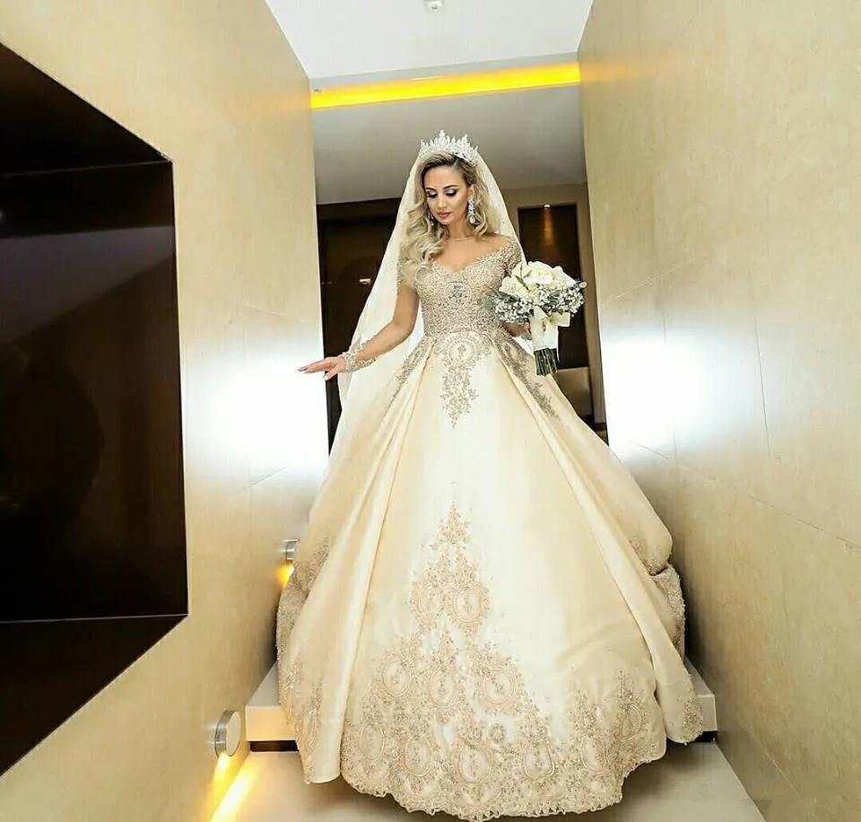 Champagne Satin Ball Gown long Sleeve Wedding Dresses Bridal Gowns Bling Long Train 2020 Summer sirena vestidos de novia2958