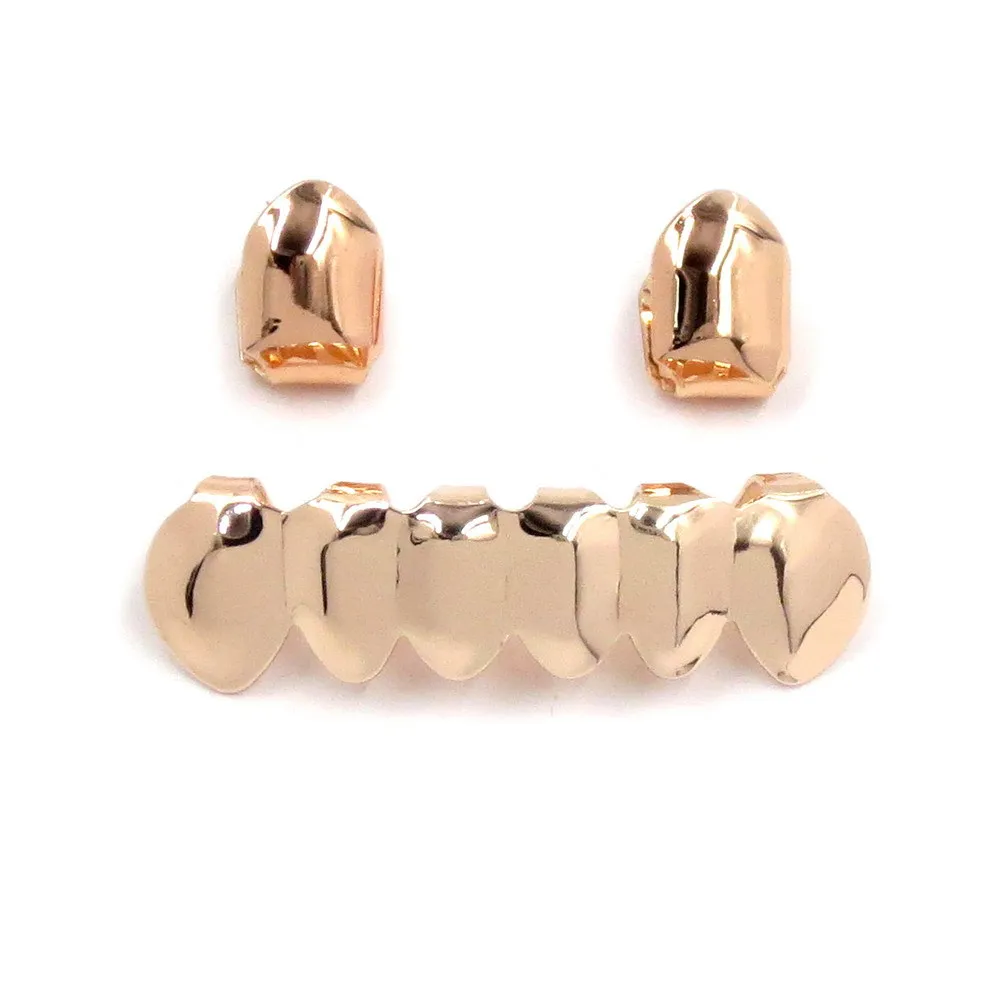 Denti in rame placcato oro 18 carati Bretelle semplici Hip Hop Up 2 Bottom 6 Denti Grillz Bocca dentale Fang Grills Tooth Cap Cosplay Party Rapper Jewelry