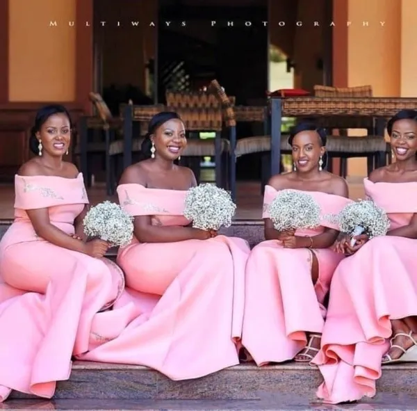 Automne 2019 robes de demoiselle d'honneur africaines en satin rose appliqué sur l'épaule sirène balayage train robes de demoiselle d'honneur en satin pour les mariages