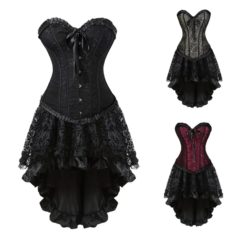 Women Burlesque Gothic Corset Skirt Outfit Plus Size S 6XL Jacquard Lace  Mesh Overlay Ruffle Trim Overbust Corset With Black Flocked Hi Lo Skirt  From Bestielady, $23.46