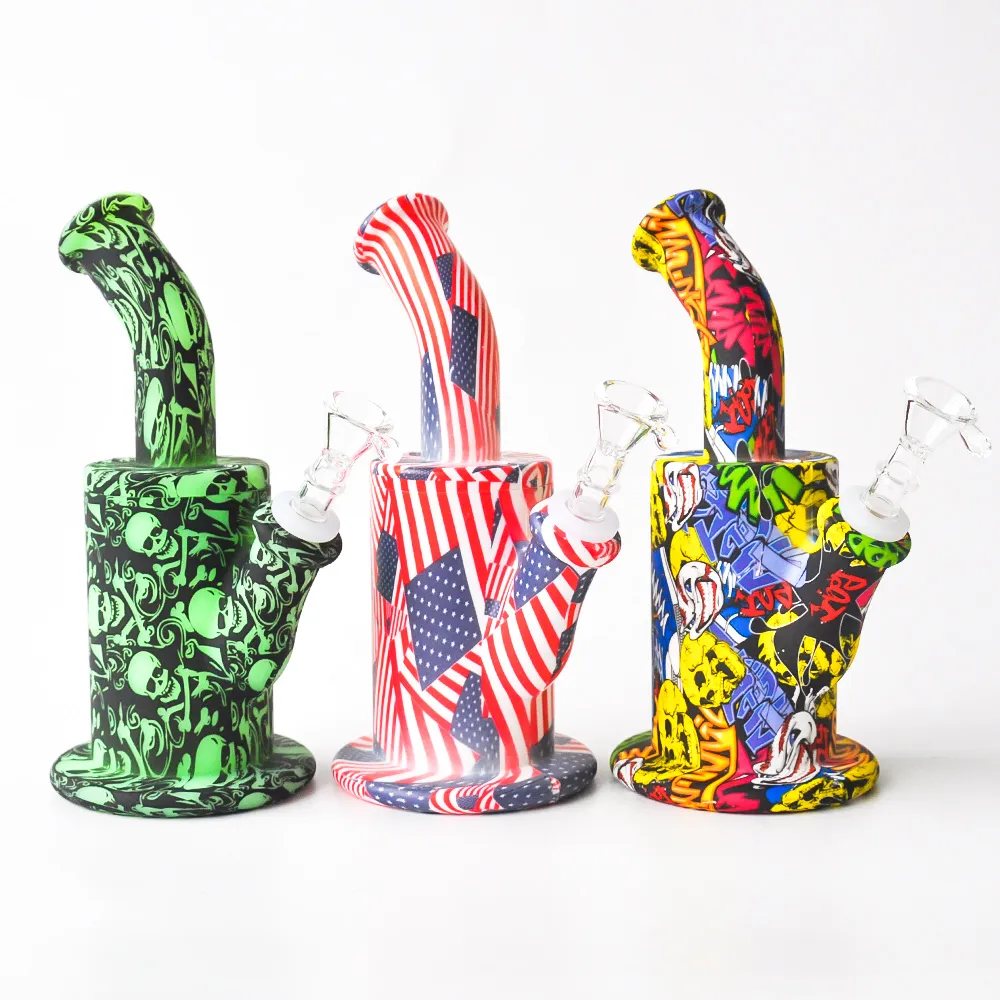 Afdrukken 8.5 inches Siliconen Waterpijp Recycler Bubbler Hookahs Unbreakabale Bongs met downstem en glazen kom