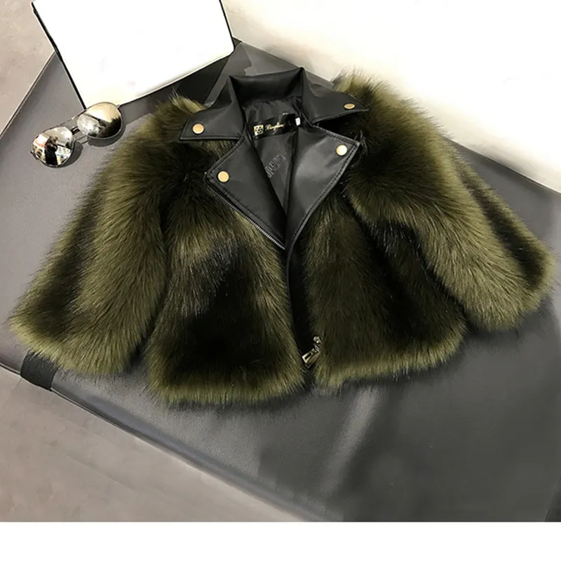 Girl fur Coat Jacket Imitation Artificial Fur Grass High Quality Plush+leather Fake 2 pieces Winter Kids baby girlClothes