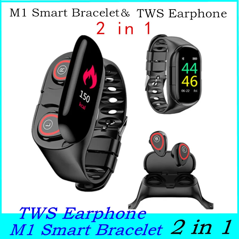 شاشة M1 الذكية سوار اللمس للياقة البدنية المقتفي TWS سماعات 2 في 1 رصد معدل ضربات القلب للياقة البدنية تذكير سماعة أذن سماعة M1 ووتش