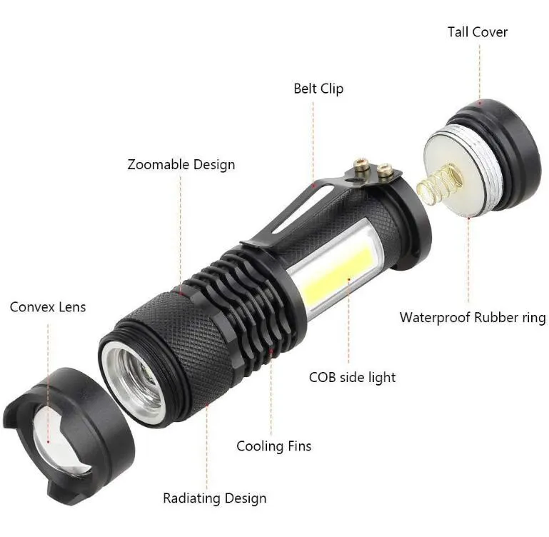 LED COB Taschenlampe Superhelle Wanderfackel im Freien Wanderlampe zoomable 4 Lichtmodi Camping -Laternenlampe für 18650 Batterie
