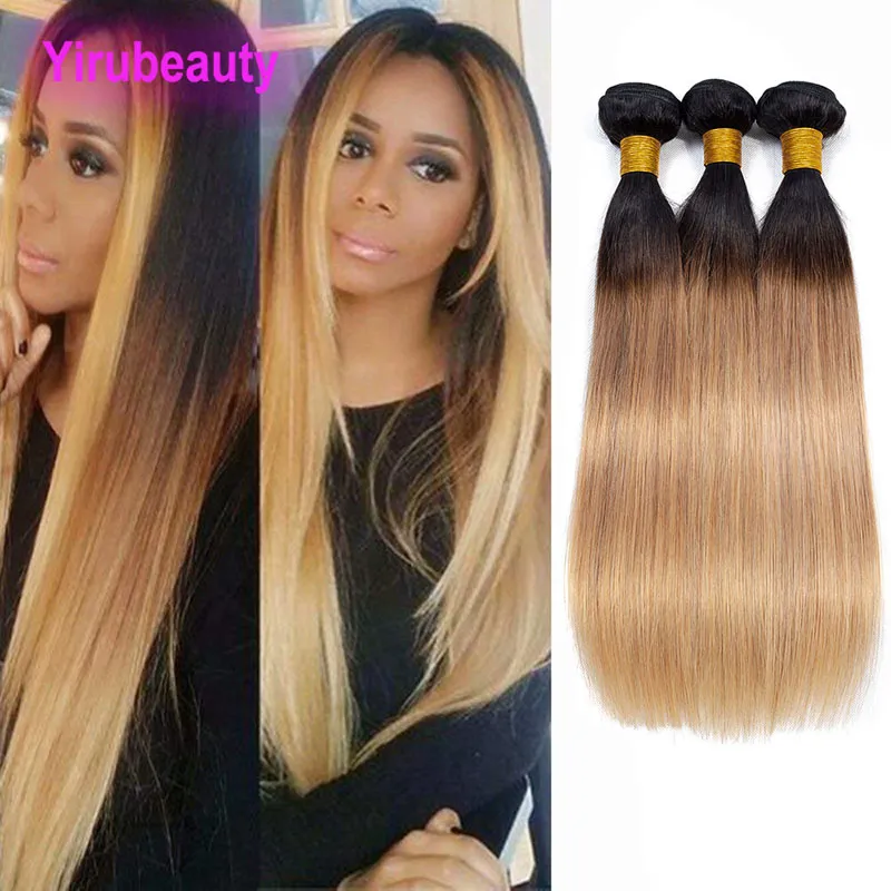 Braziliaanse Virgin Human Hair Extensions 1B/27 Zijdeachtige Rechte Drie Bundels Dubbele Inslagen 1B 27 Ombre Kleur 3 Stuks