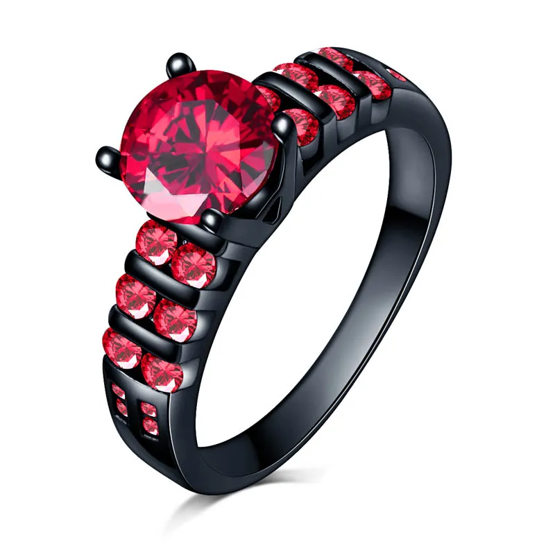 Mode design hög polska kvinnor bröllop röd regnbåge ringar stor cz 7mm zircon svart guld fylld förlovningsring