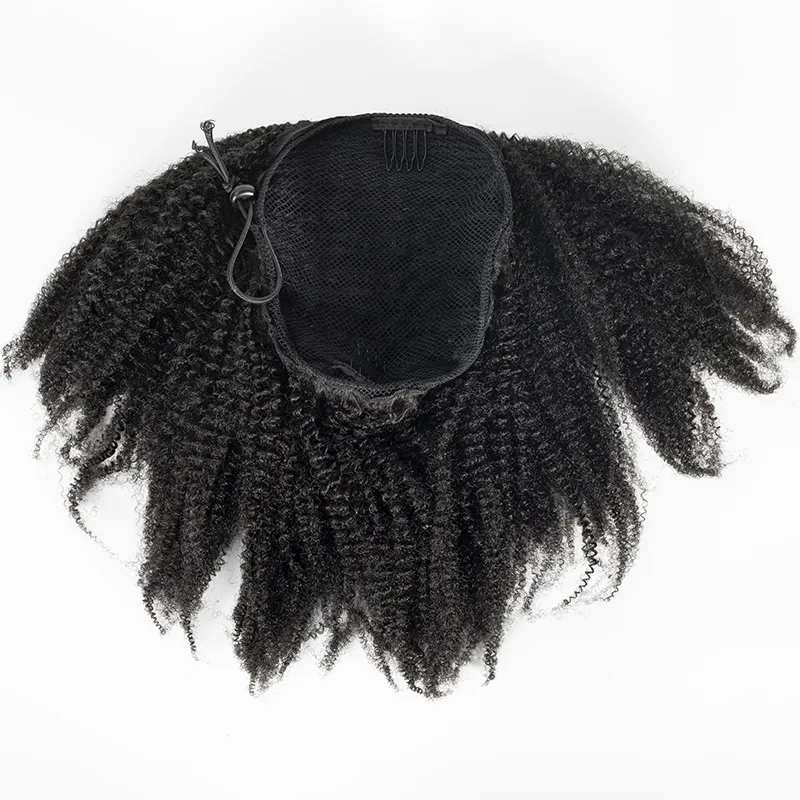 Brezilyalı 4A 4B 4C 140g Doğal Renk Horsetail Afro Kinky Kıvırcık Düz Elastik Bant Remy Bakire İnsan Saç Uzantıları Drawstring Ponytail