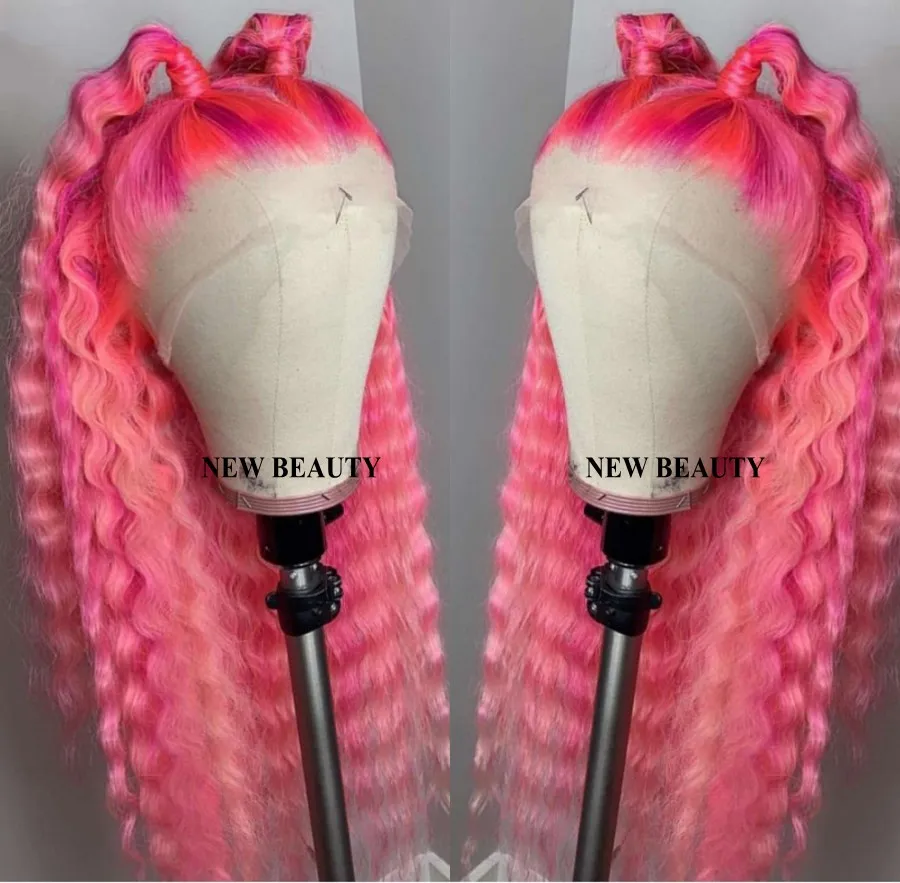 Moda perruque Parrucca anteriore in pizzo brasiliano di colore rosa parrucca sintetica a onda d'acqua resistente al calore legata a mano riccia profonda per donne bianche