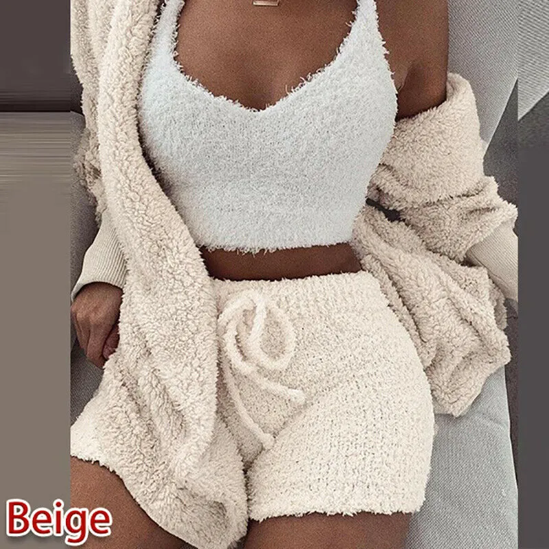 Fashion Women Cardigan Vintage 2 Piece Pants Set Sweater Plush Hooded Coat + Shorts Sleepwear Warm Nightwear 2PCS Matching Clothes