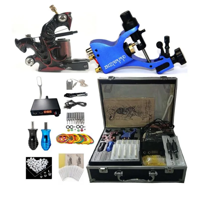 Professional Complete Tattoo Kit 2 Top Machine Gun 50 Needles 2 Grips Power Supply with LED Lamp G1904032