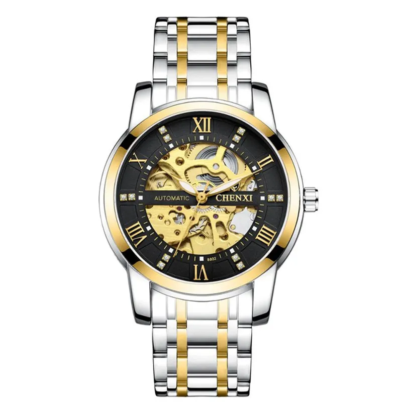 Chenxi Ouro Dial cara mecânico automático dos homens waterproof relógios Os homens Strap Aço Inoxidável Assista Rodada Tourbillon Relógio de pulso