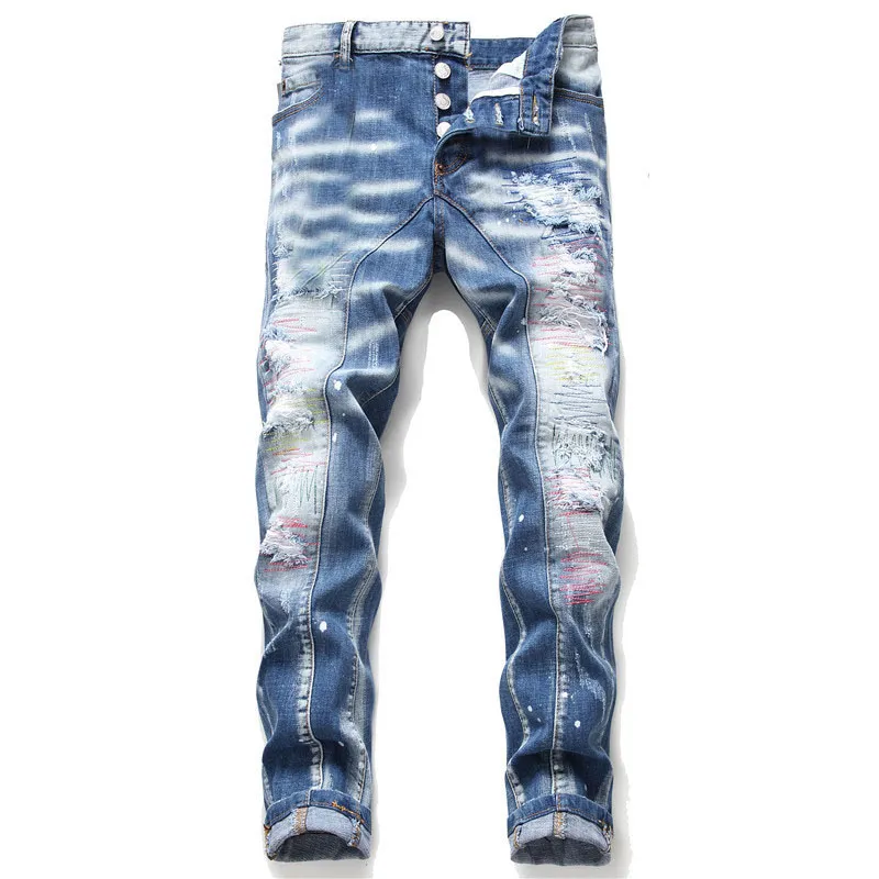 Calça Jeans skinny azul rasgada exclusiva masculina de design de moda slim fit lavada calça jeans motociclista com painéis hip hop biker 1047