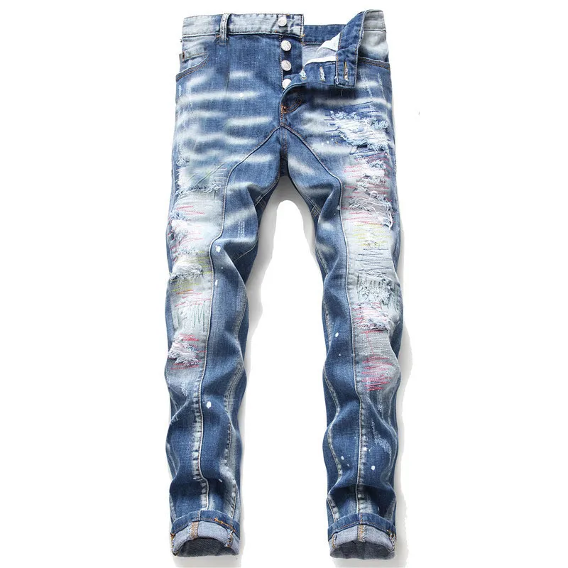 Único Mens Angustiado Rasgado Azul Skinny Jeans Moda Designer Slim Fit Lavado Motocycle Denim Calças Painéis Hip Hop Biker Calças 1047