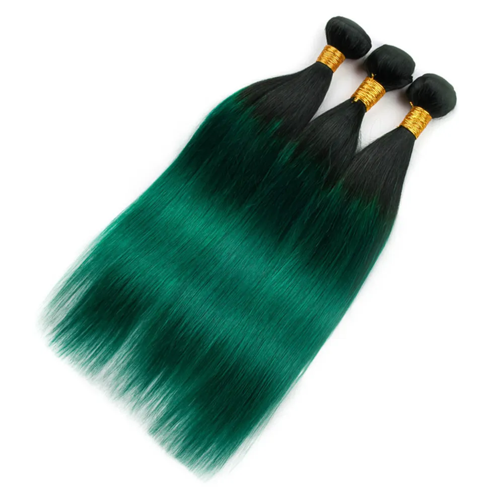 # 1B / Green Black Roots Ombre Paquetes de cabello humano indio Verde oscuro Ombre Paquetes de tejido de cabello humano indio virgen Tramas dobles 10-30 "