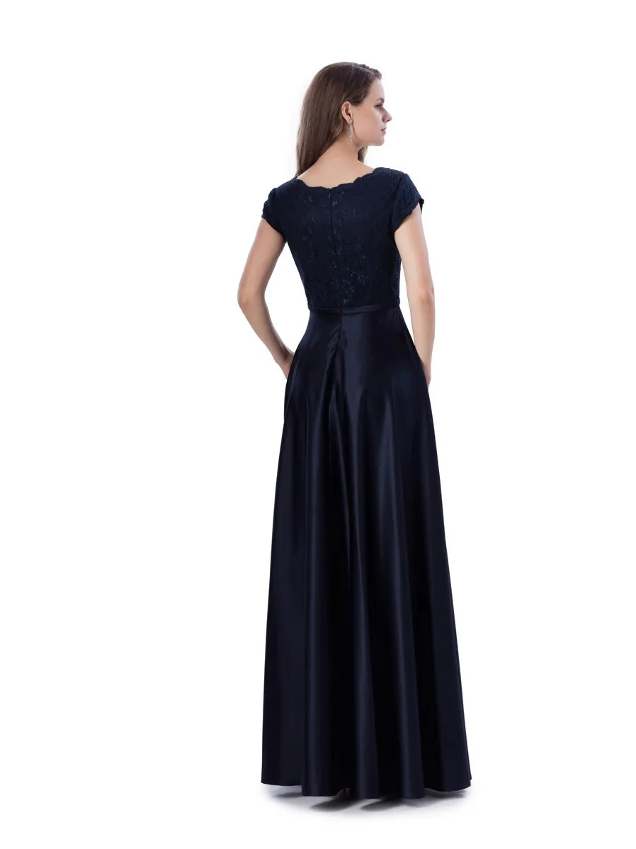 modest navy blue bridesmaid dresses Makenzie Modest Short Sleeves Slit Maxi Chiffon Bridesmaid Dresses, Navy Blue