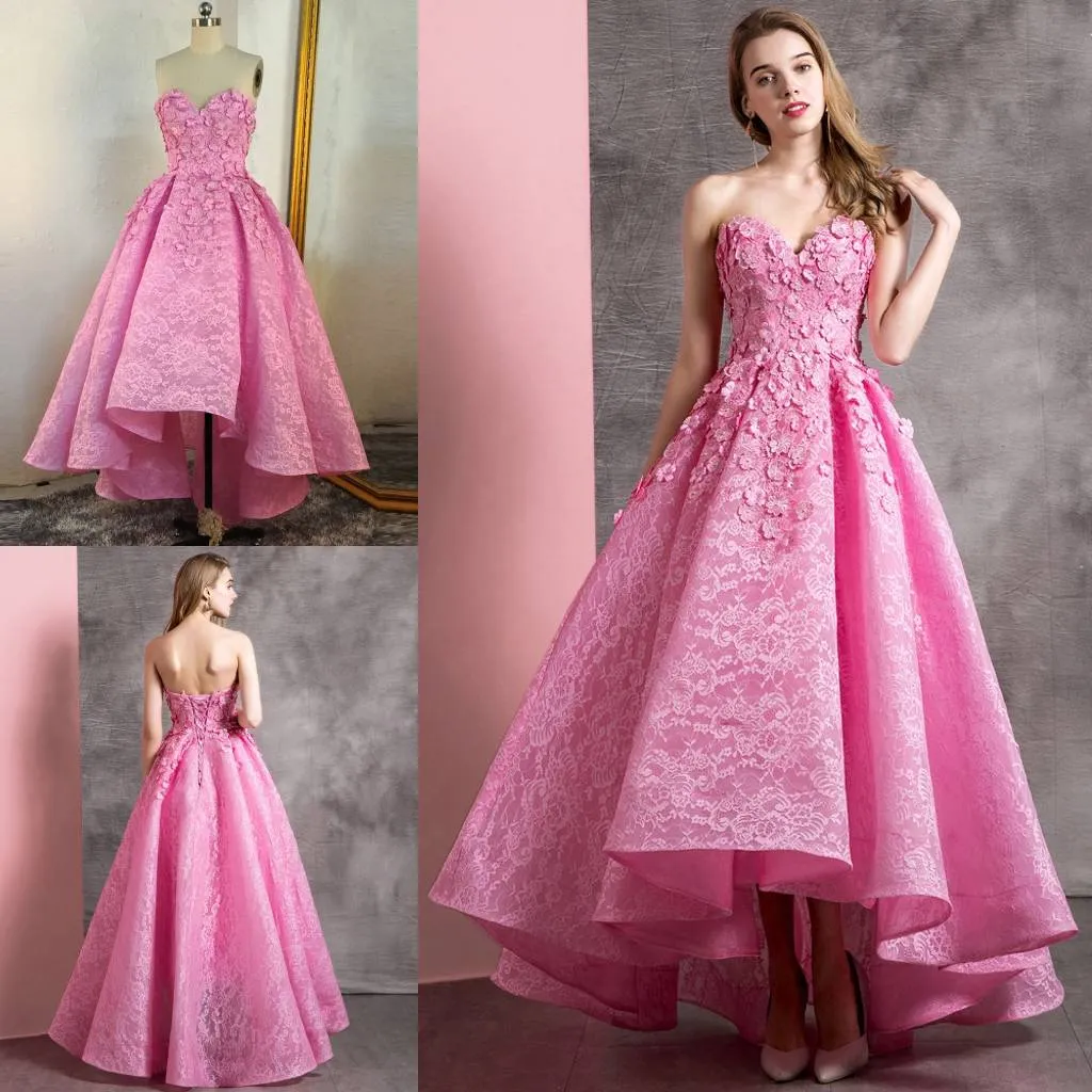 3D Flowers Pink High Low Lace Girls Graduation Party Dresses Prom Dress Lace-up Back Sweetheart Real Photo Formal Evening Dress Custom Made