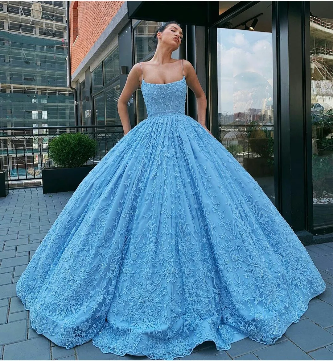 2020 Appliques Blue Ball Gown Prom Dresses Spaghetti Lace Floor Length  Gorgeous Evening Gowns Custom Made Free Petticoat Party Dress From 149,54 €  | DHgate