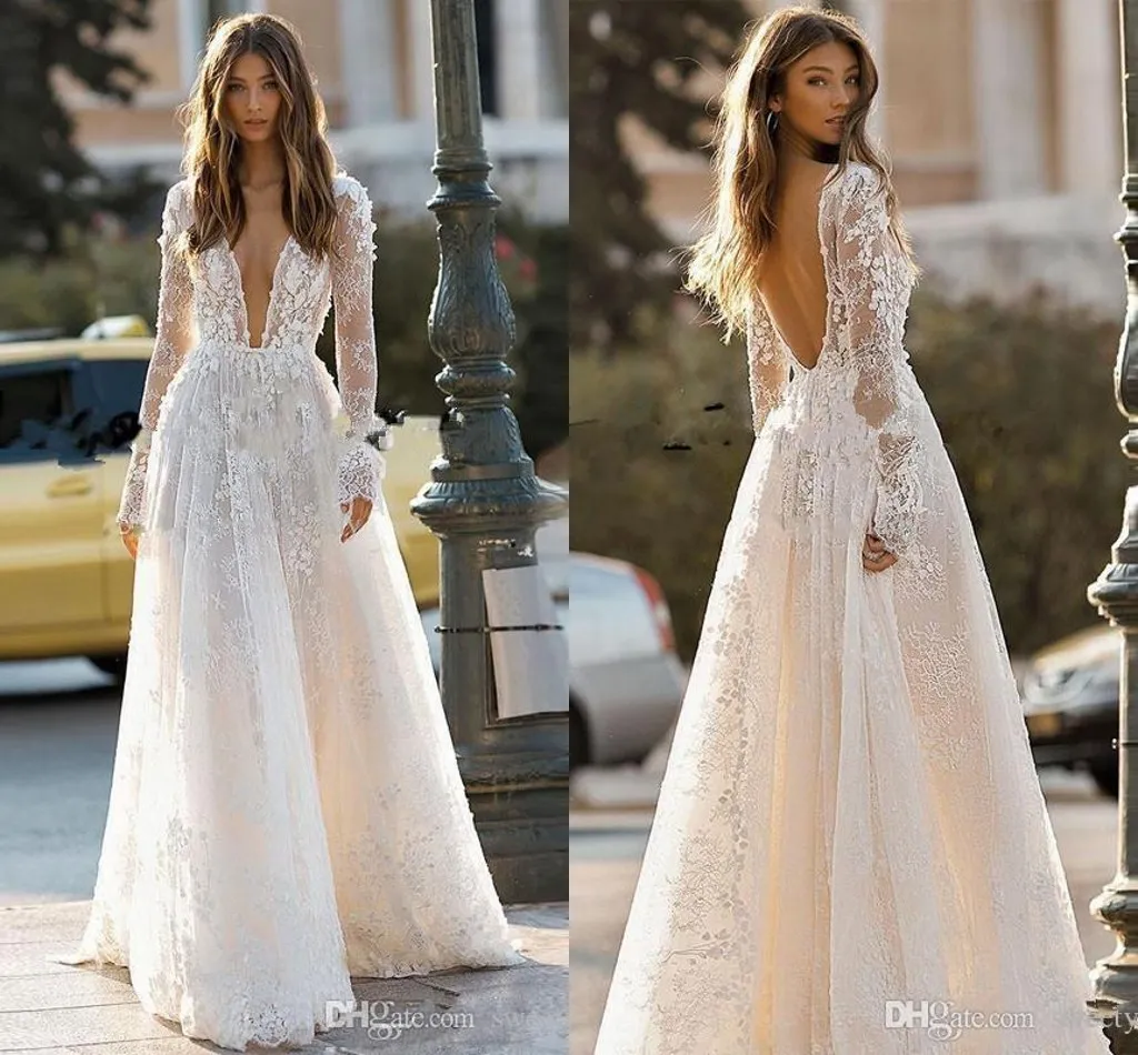 Deep V Neck Bohemian Wedding Dress with Lace Appliques and Pleats for Beach Ceremonies