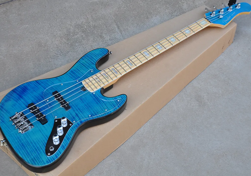 Factory grossist 4 strängar blå elektrisk bas gitarr med akryl pickguard, lönn fingerboard, flam lönn faner