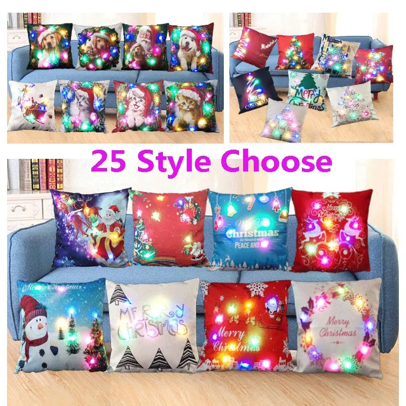 Boże Narodzenie LED Luminous Pillow Case Pościel Rzuć Poduszki Pokrywy Poduszki Pokrywa Santa Claus Dog Poszewka Poszewka Sofa Decor 25 Styl XD20299