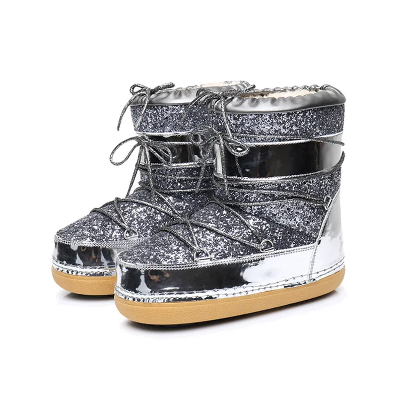 Vente chaude-Femmes hiver paillettes dorées paillettes bottes de neige chaussure avec fausse fourrure cheveux bateau pour femme Bottine Femme Botine Moon livraison gratuite