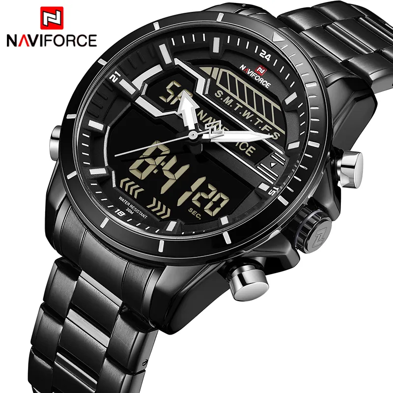 Regardez les hommes Naviforce Mens montres de luxe Brand de luxe Men Sport montre des hommes à la clansette DIGNE HORGE DIGITAL MAN ARRÉPROPOPRE ARMAL MILITHE WRIG