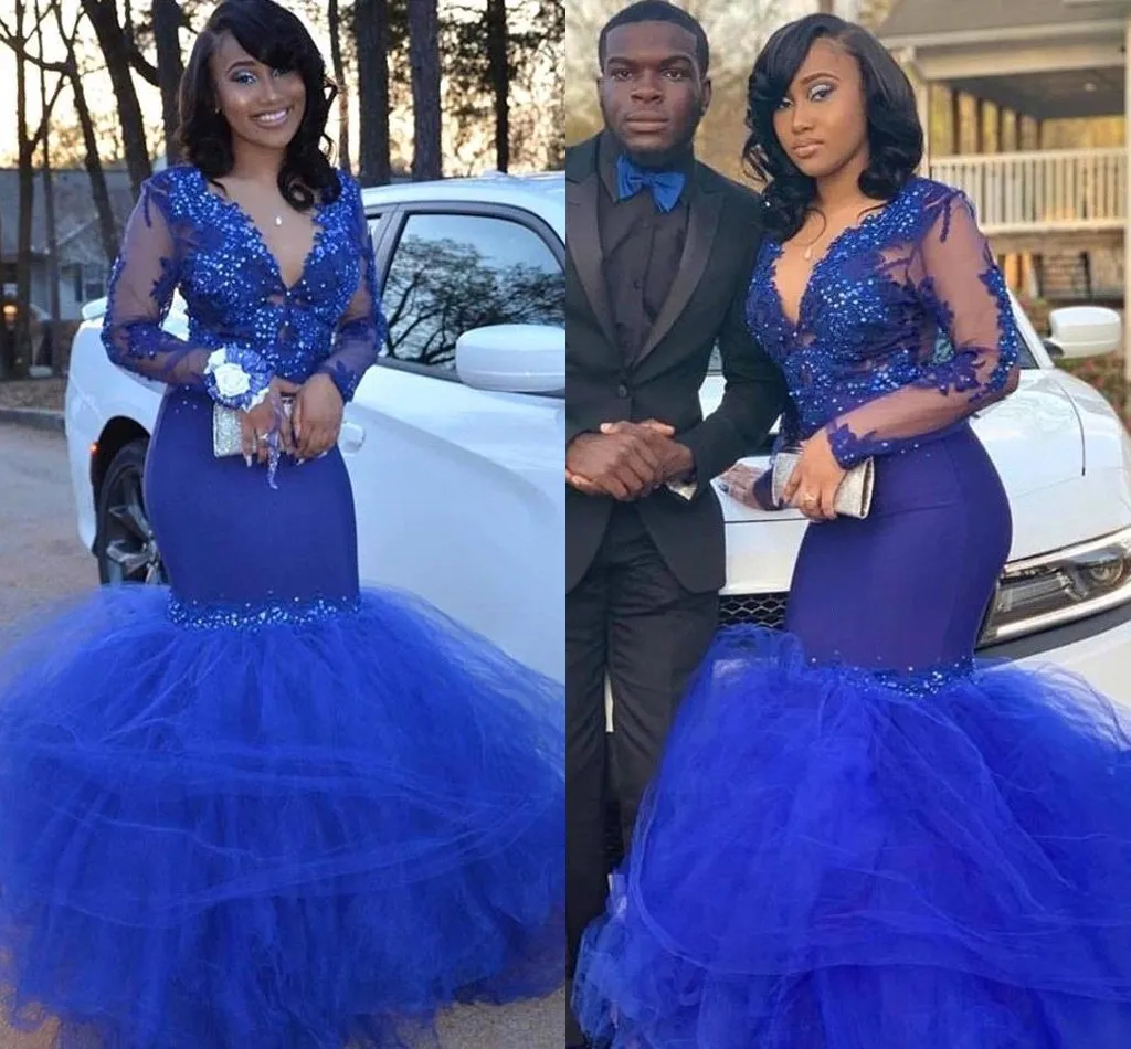 Black Girls Sexy Royal Blue Prom Dresses Sheer Manica Lunga Appliques Perline Mermaid V Collo Rucchitato Tulle Gonna Abiti da sera lunghi BC1772