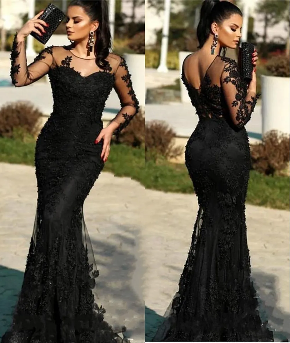 Vintage schwarze lange Ärmel Spitze Meerjungfrau Abendkleider mit Perlen Applikationen Sweep Zug formelle Abschlussball-Party-Kleider