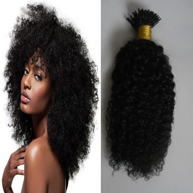 Mongolian Afro Kinky Curly Hair 100er Jahre Pre Bonded Stick I TIPP Remy Haarverlängerungen Italienisches Keratin Nagel TIPP Haarverlängerungen Natiral Colo