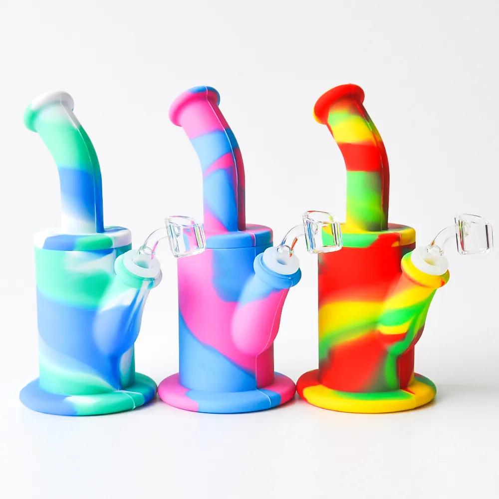 New Design 8.5inches Silicone Water Pipe Hookahs Recycler Bubbler unbreakabale silicone bongs with 4mm quartz banger Dab Rigs Oil