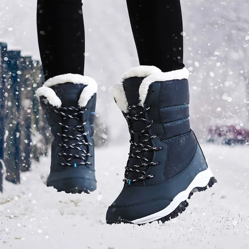 النساء الأحذية الدافئة الفراء الشتاء الأحذية أزياء النساء الأحذية الدانتيل يصل منصة الكاحل الأحذية للماء الثلوج عدم الانزلاق السيدات الأحذية