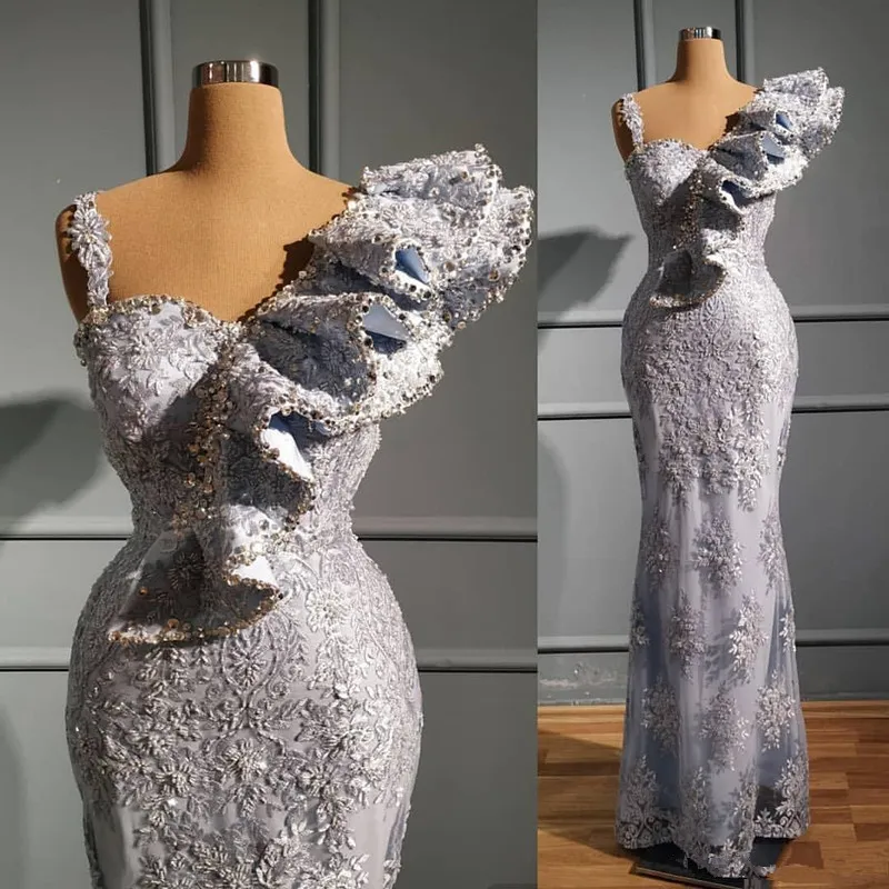 Aso Ebi Arabe Luxueux Sexy Sirène Robes De Soirée Cristaux Perlés Dentelle Argent Volants Robe De Réception De Concours De Bal