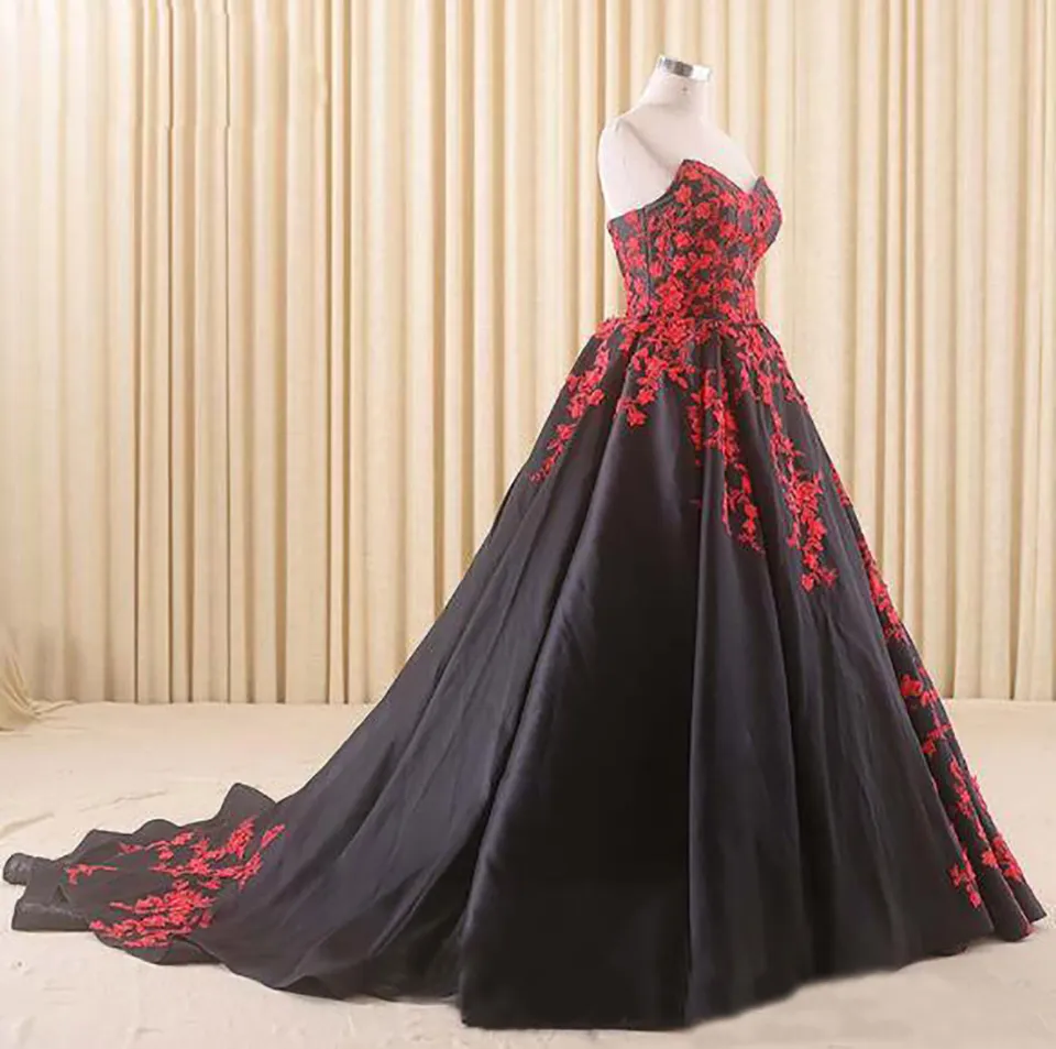 Vintage Gothic Black Black ballgown wedding dress with Red Lace Appliques and Sweetheart Neckline