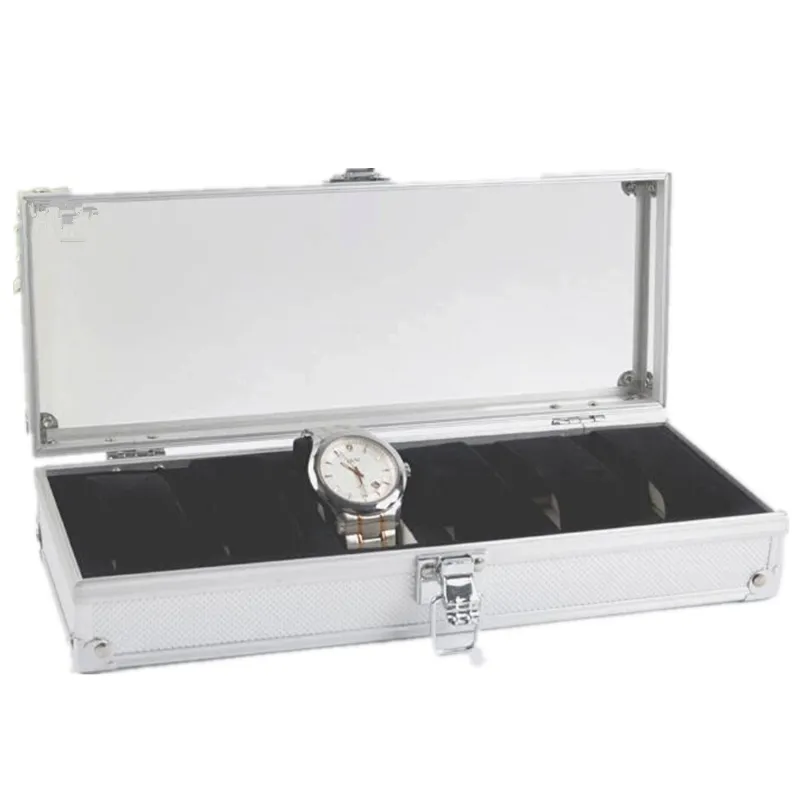 Fanala 6 Grids Watch Box Aluminium Alloy Watch Display Case Armbandsur Present Smycken Arrangör Lädervisning Lagringshållare