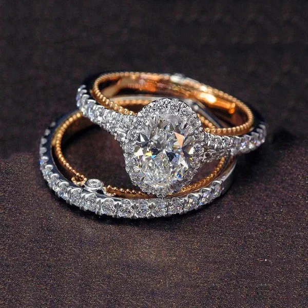 Bonito Feminino Rodada Anel de Diamante Set Marca de Luxo 925 Anel De Noivado De Prata Do Vintage Anéis De Casamento Para As Mulheres
